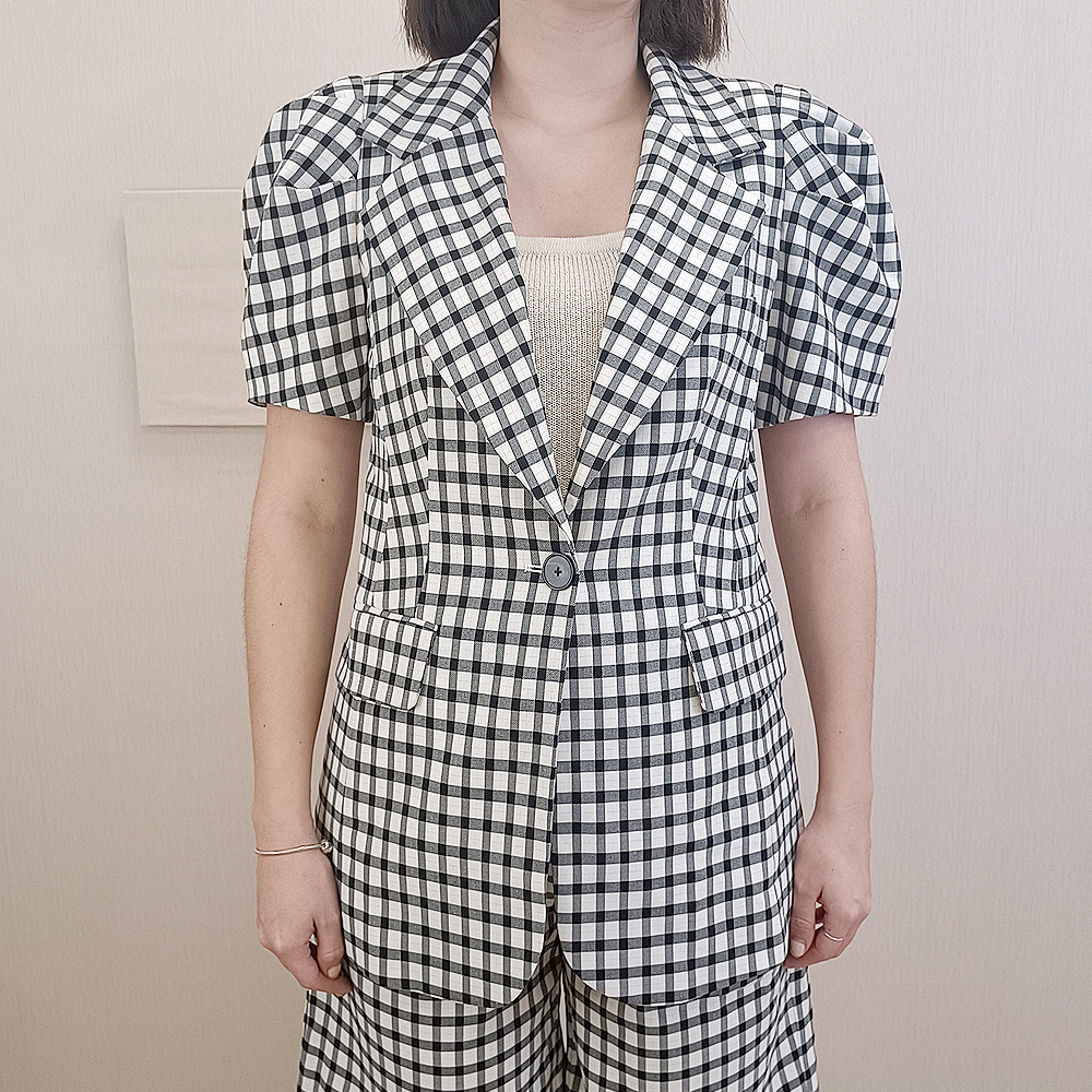 格紋短袖系帶西裝