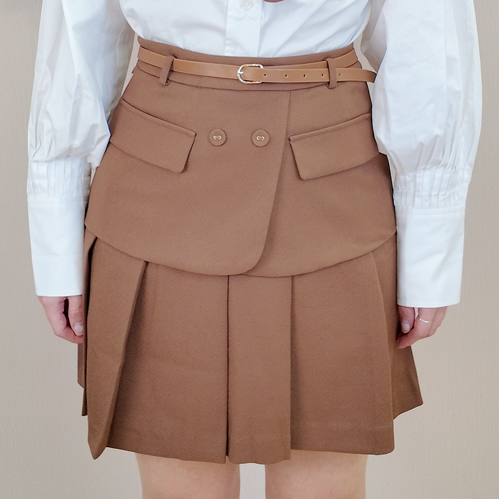 拼接設計百褶裙(附腰帶)