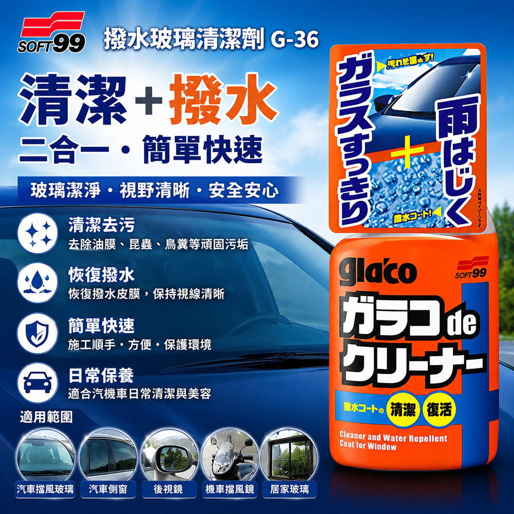 SOFT99 撥水玻璃清潔劑,除油膜,污垢,撥水,清潔,G-36