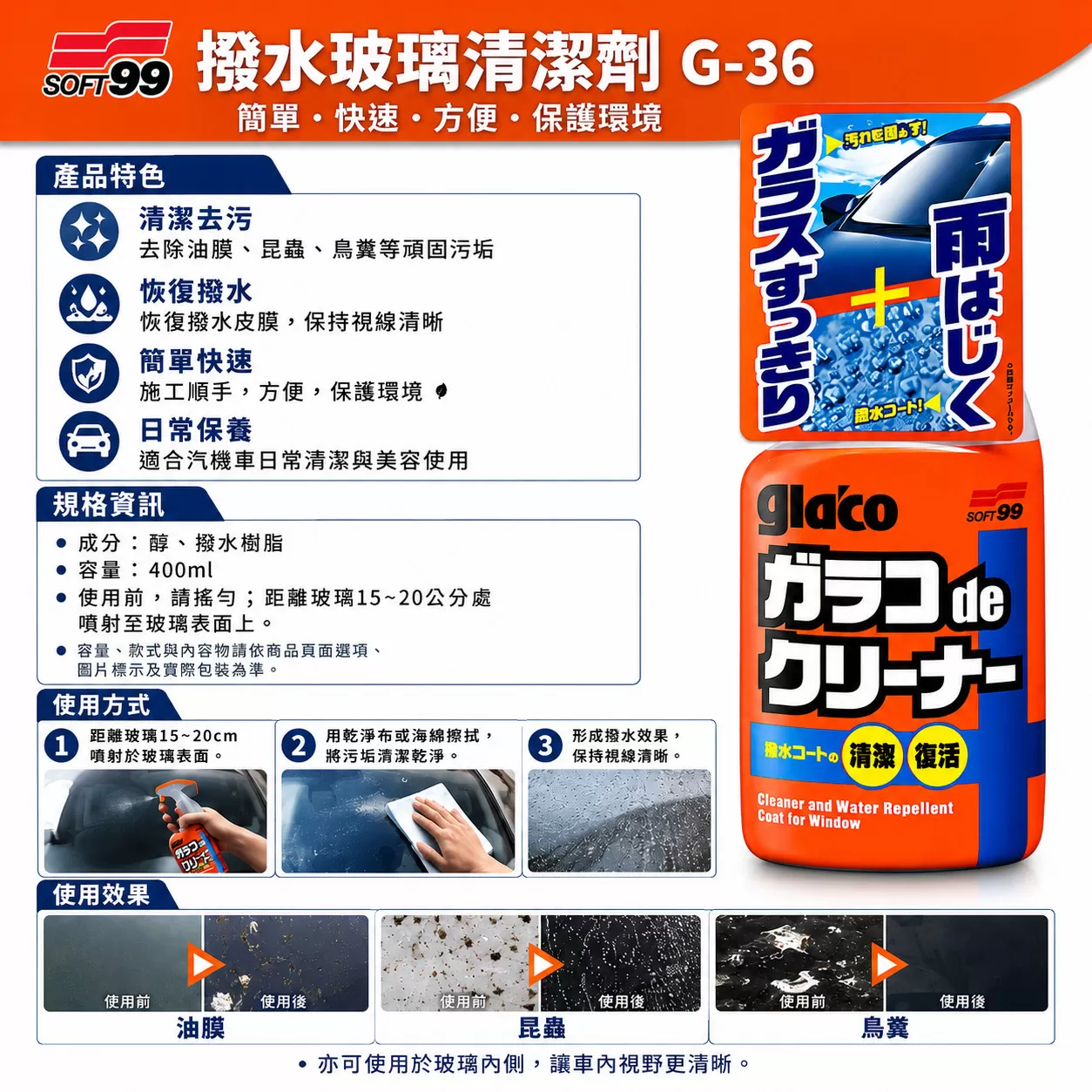 SOFT99 撥水玻璃清潔劑,除油膜,污垢,撥水,清潔,G-36