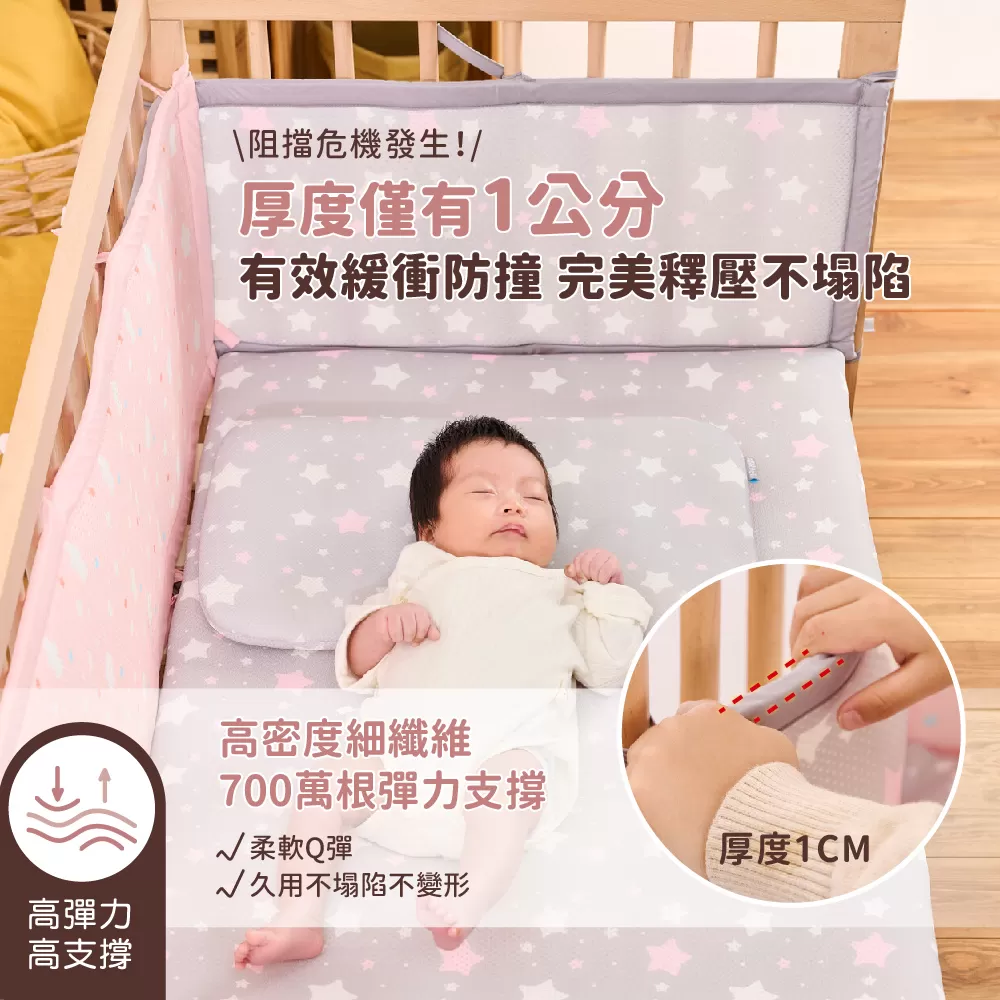 培婗 3D 透氣嬰兒床圍 - 1公分厚度有效緩衝防撞，完美支撐不塌陷