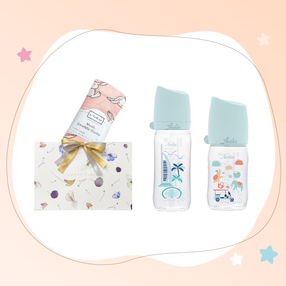 Farlin 寬口TR90奶瓶180ml/280ml+二層紗竹棉包巾
