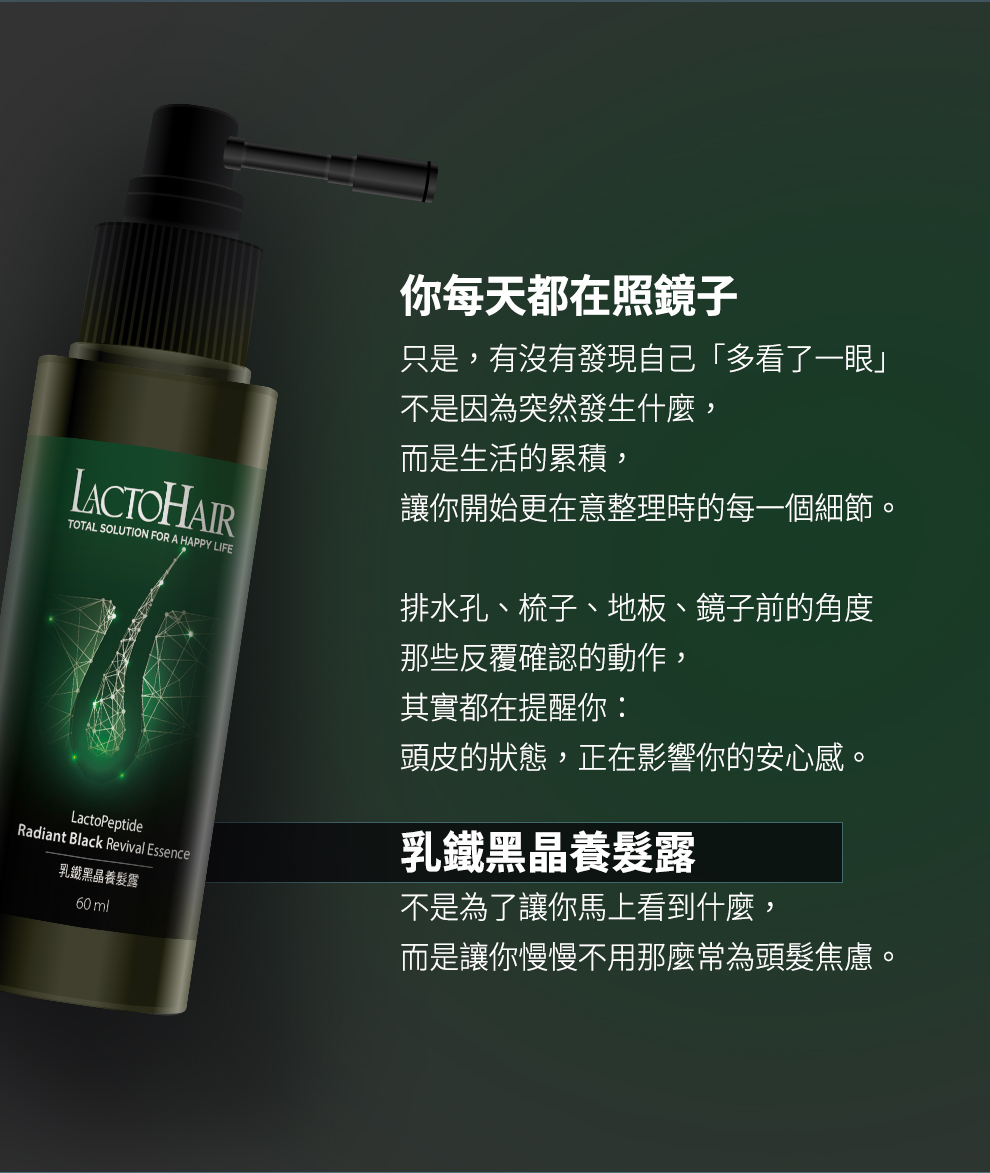 乳鐵黑晶養髮露,專利胜肽。乳鐵蛋白,PLH0030,乳鐵黑晶養髮露,全方面養髮計畫,HR0312LT