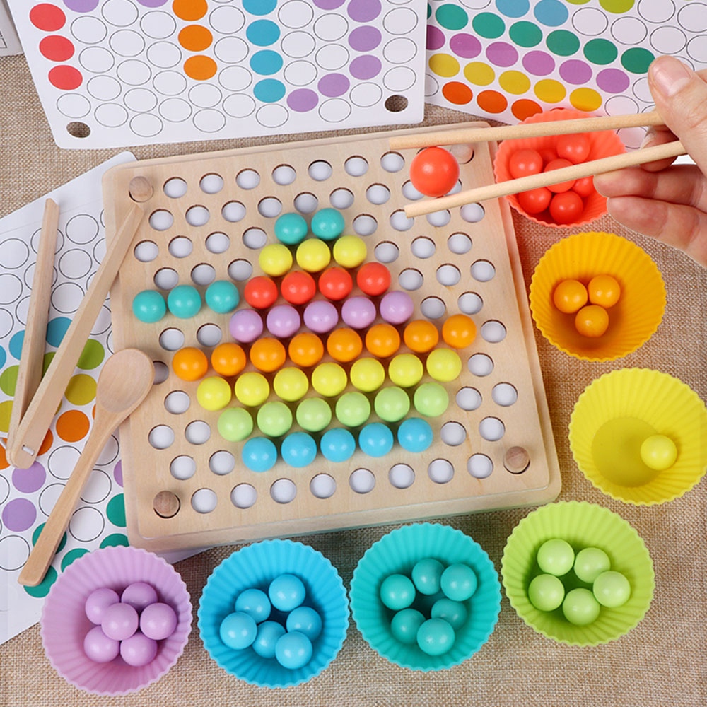 木製夾珠子遊戲 夾夾樂 筷子使用訓練 兒童拚珠遊戲 顏色訓練 早教玩具