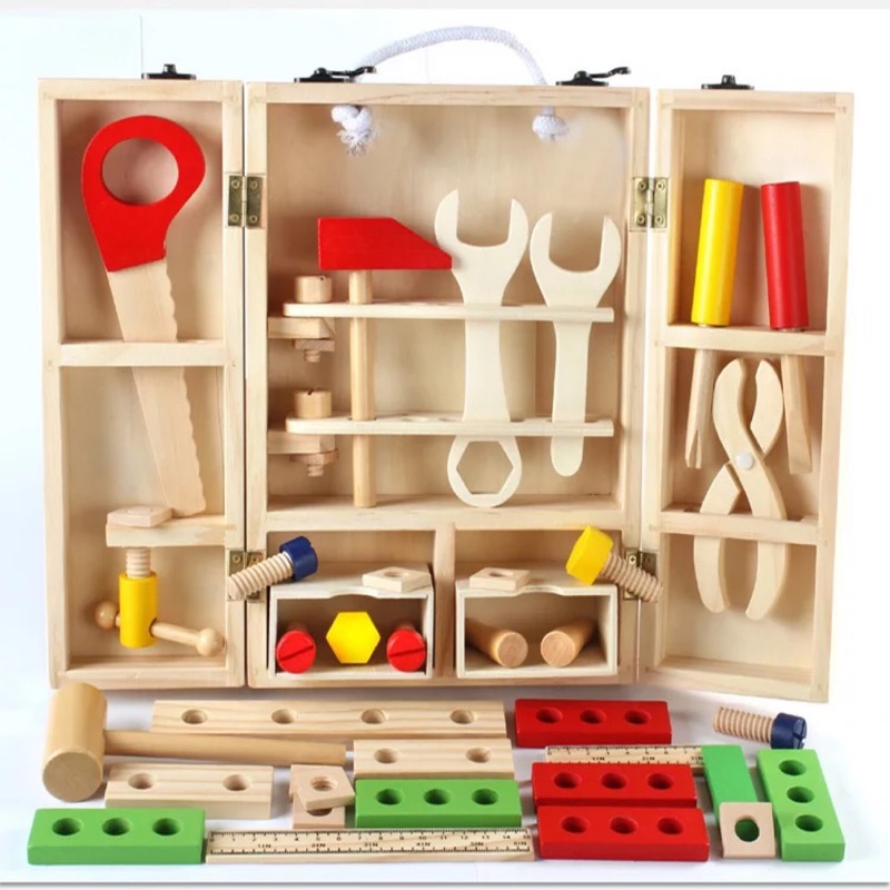 木製玩具 木製工具箱 螺絲起子 小小工程師 仿真板手 仿真螺絲 積木玩具 創造力 手指協調 木頭 仿真工具箱