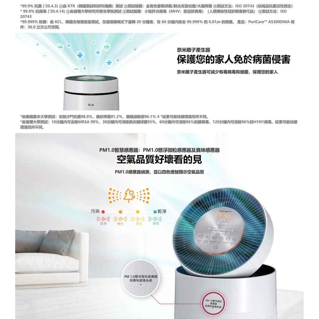 【LG 樂金】30坪 韓製PuriCare 360° 三合一高效率濾網 空氣清淨機 白色 AS101DWH0