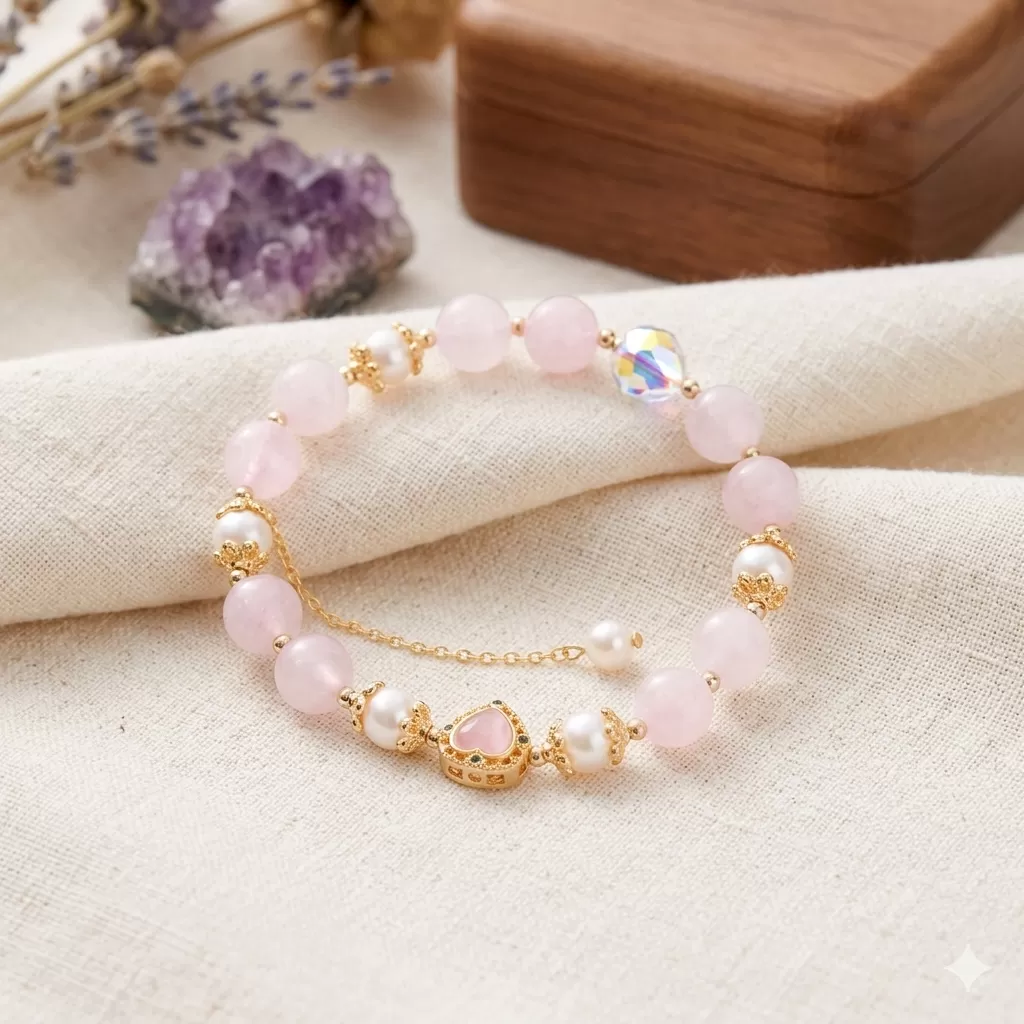 粉晶珍珠愛心手鍊｜溫柔療癒・喚醒愛與吸引力