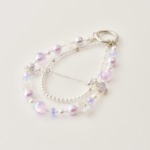 紫色星球幸運草雙圈手機掛鍊,鑲鑽,手作串珠,珍珠手機鏈,手機配件,手機鏈