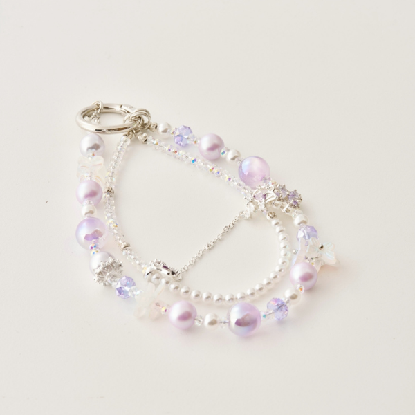 紫色星球幸運草雙圈手機掛鍊,鑲鑽,手作串珠,珍珠手機鏈,手機配件,手機鏈