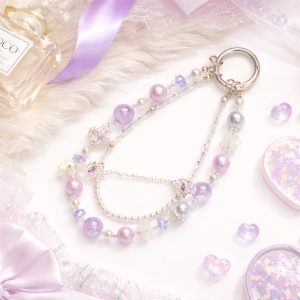 紫色星球幸運草雙圈手機掛鍊,鑲鑽,手作串珠,珍珠手機鏈,手機配件,手機鏈