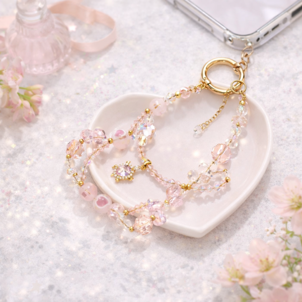 水晶龜愛心星球雙圈手機掛鍊,手作串珠,鑲鑽,幸運小物,珍珠手機鏈,手機配件