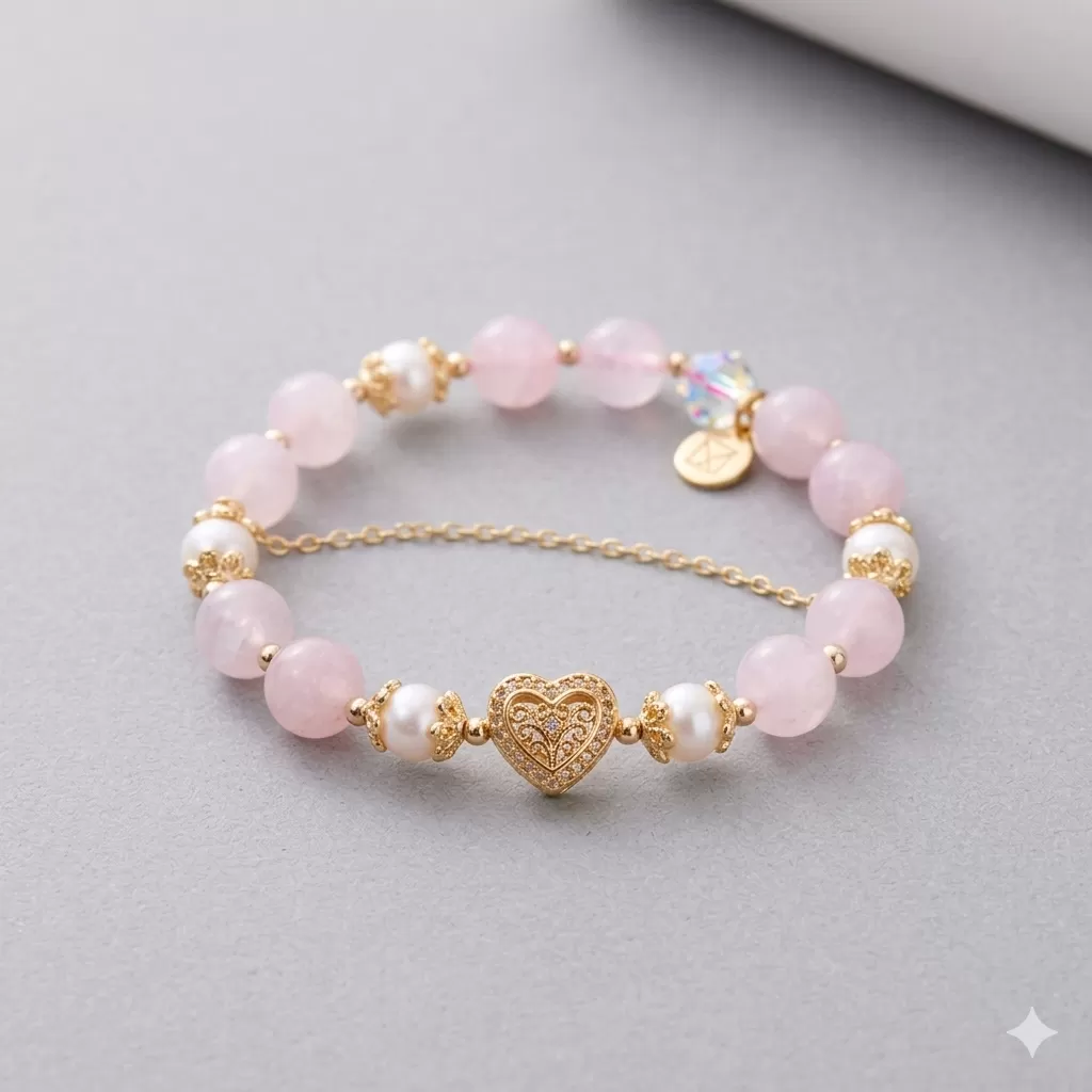 粉晶珍珠愛心手鍊｜溫柔療癒・喚醒愛與吸引力,招桃花飾品,戀愛運提升,開運手鍊,浪漫飾品,粉晶手鍊