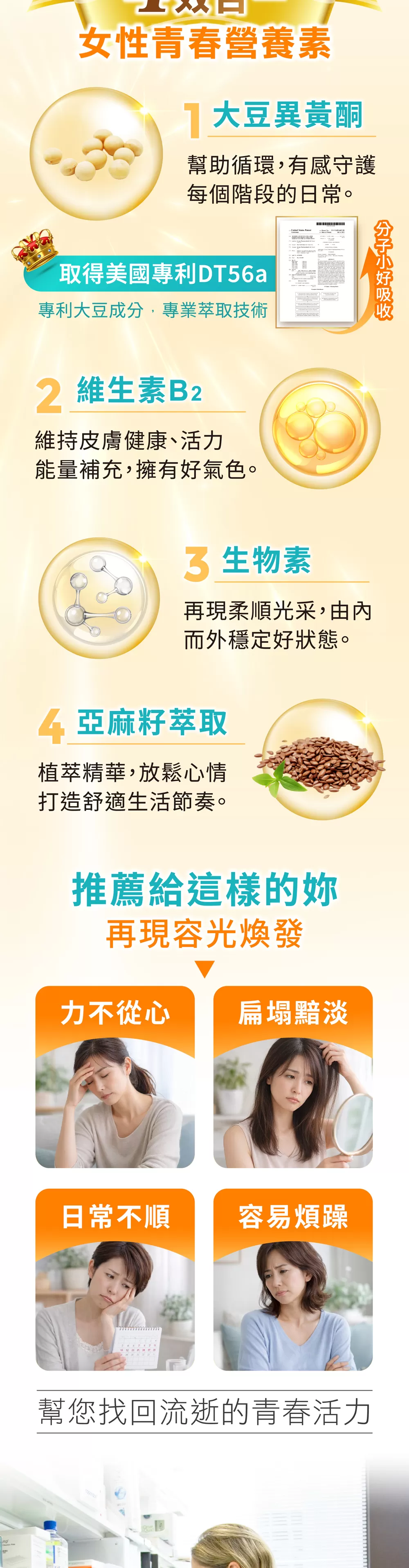 靚自在芙婷寶® 56粒-台灣地區總經銷,容光煥發好狀態,U61170013,靚自在芙婷寶®56粒-台灣地區總經銷,由內透亮自信動人,柔順亮麗