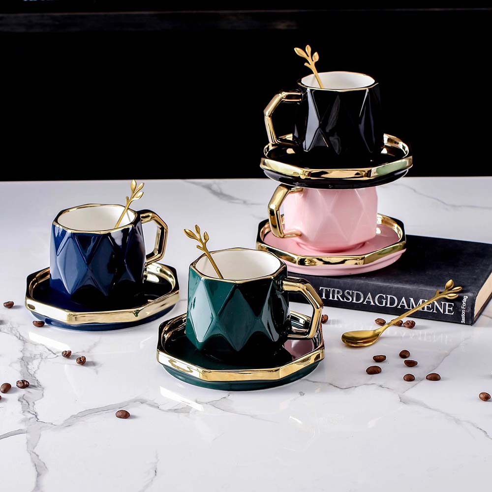 北歐風陶瓷水晶咖啡杯 陶瓷咖啡杯碟套裝 早餐點心下午茶餐具托盤 創意歐式