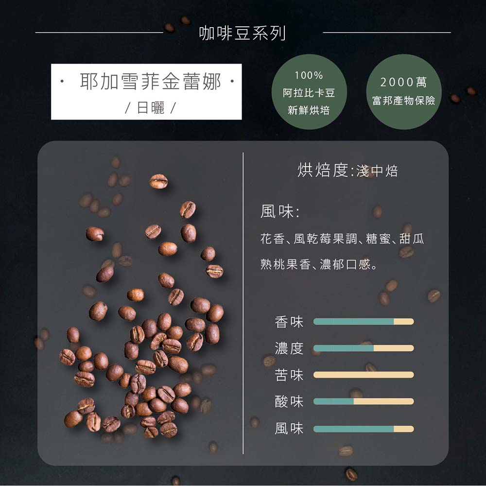 頂級耶加雪菲 金蕾娜咖啡豆熟豆(日曬)｜ (半磅/一磅)黑咖啡現貨