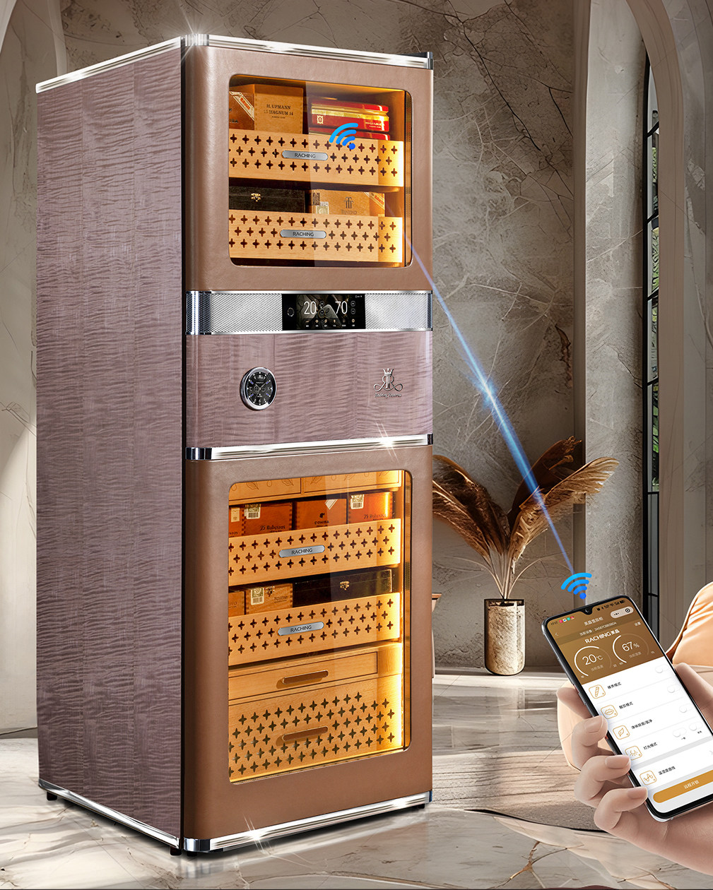 Lubinski台灣官方總代理 美晶 雙RR880雪茄櫃新款WIFI智慧保濕櫃 勞斯萊斯工藝CAPADURA