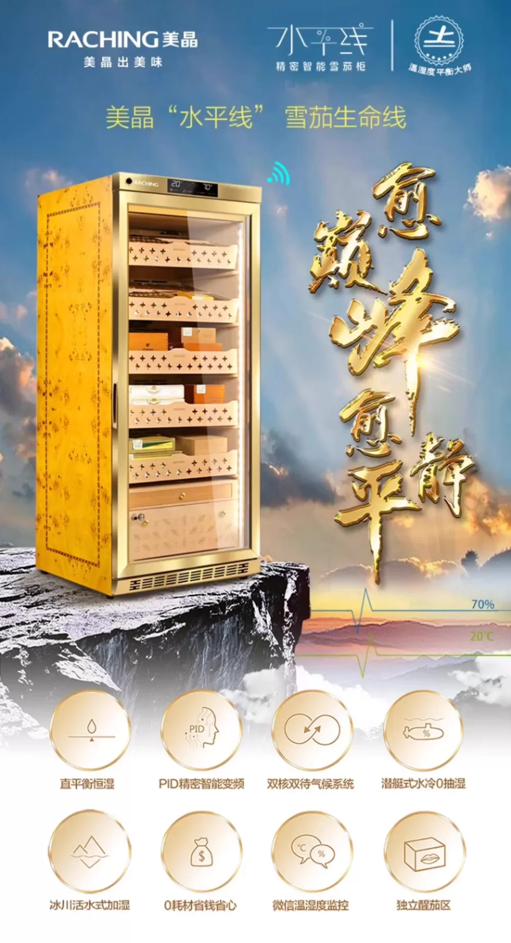 「Lubinski 台灣官方總代理」Raching 美晶 MON1800A智慧水平線實木 雪茄保濕煙櫃｜Capadura｜