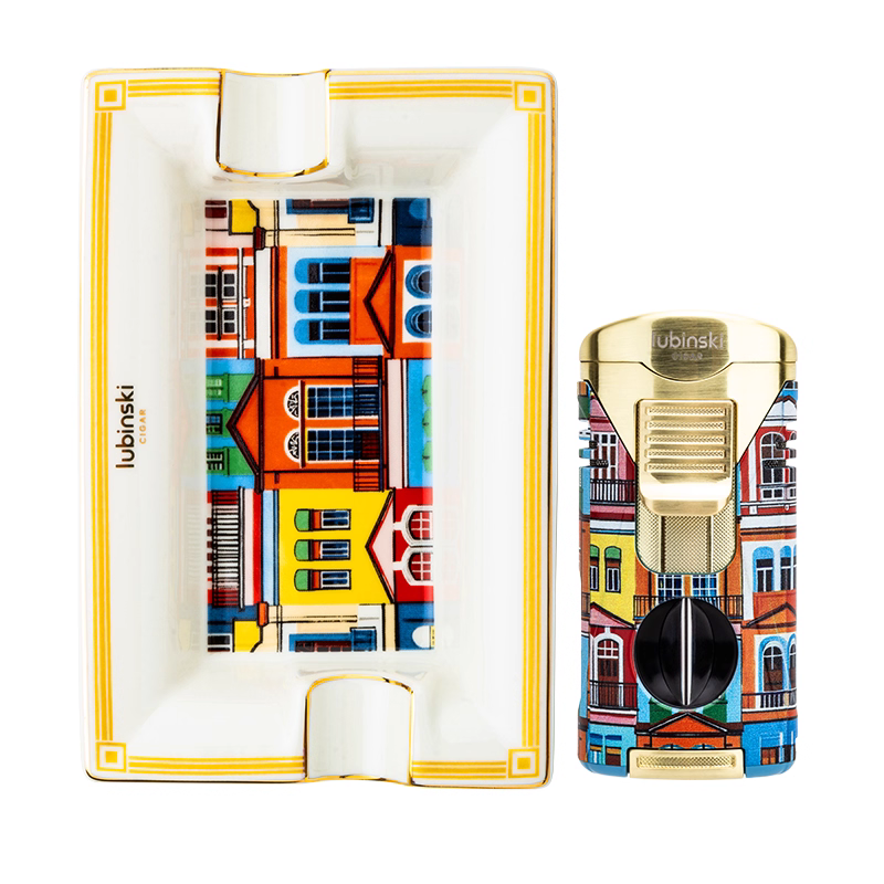 「Lubinski 台灣官方總代理」雪茄工具組多功能搭配V剪2直衝聚火打火機時尚陶瓷煙灰缸 | Capadura｜雪茄館