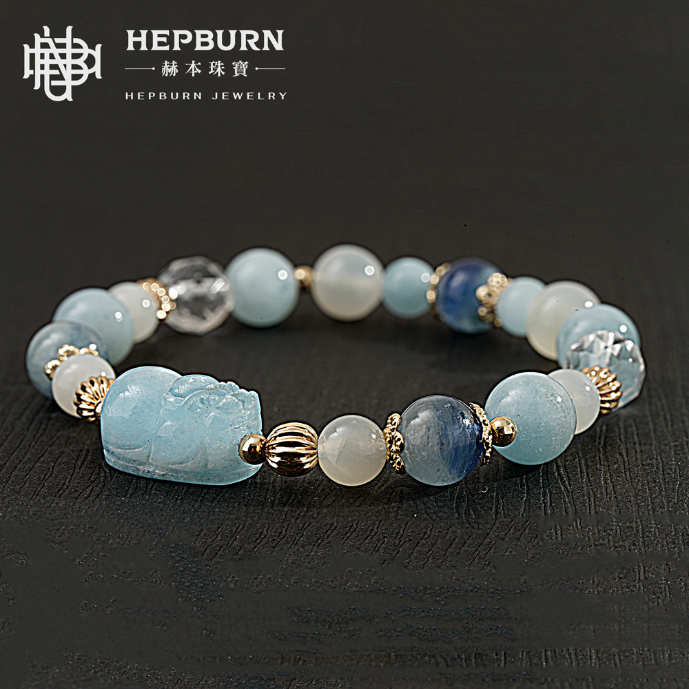 【赫本珠寶】設計款-潛福獸貔貅海藍寶白水晶手鍊