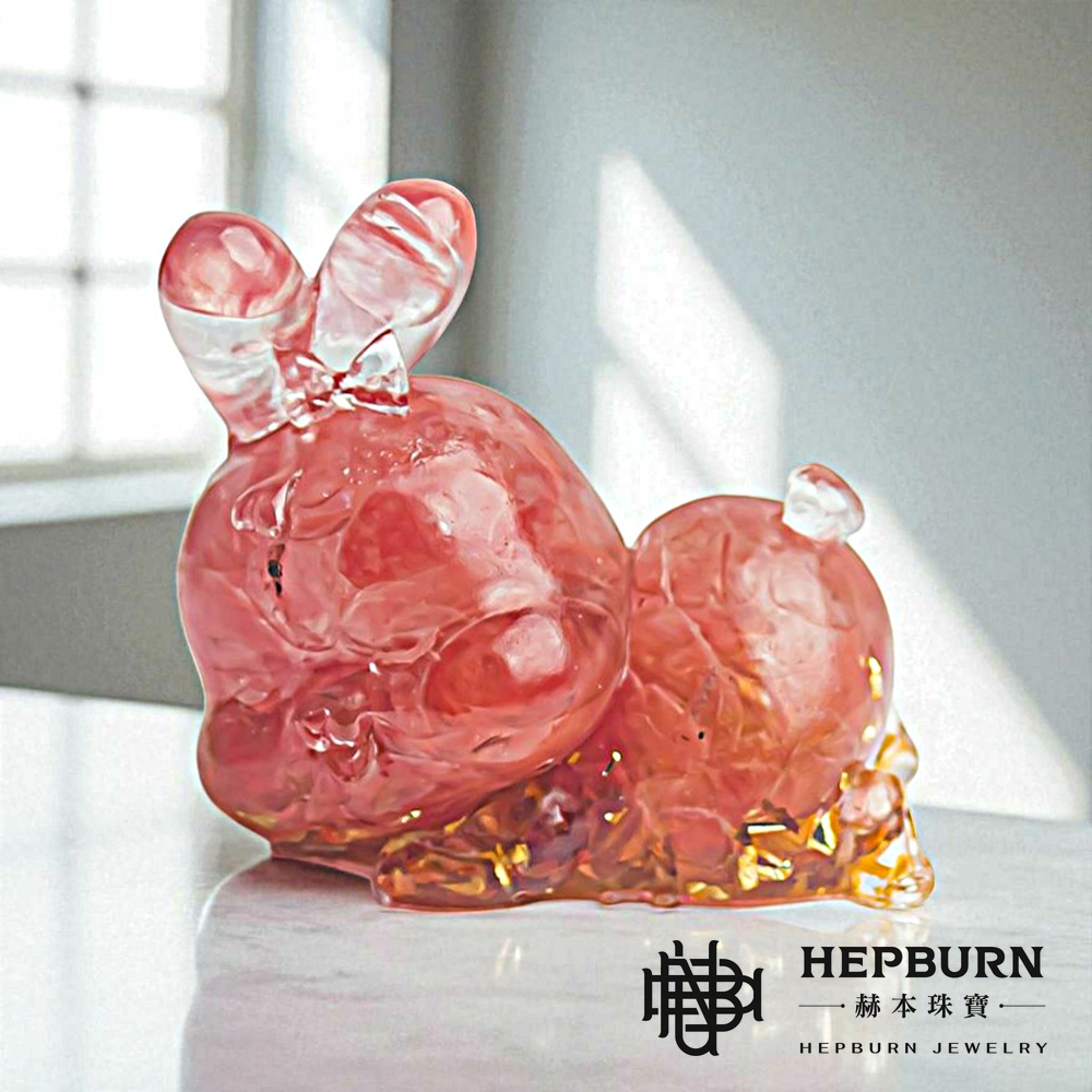 【赫本珠寶】奧剛水晶小碎石晚安趴趴兔可愛擺件-(紅)金箔西瓜石晚安趴趴兔