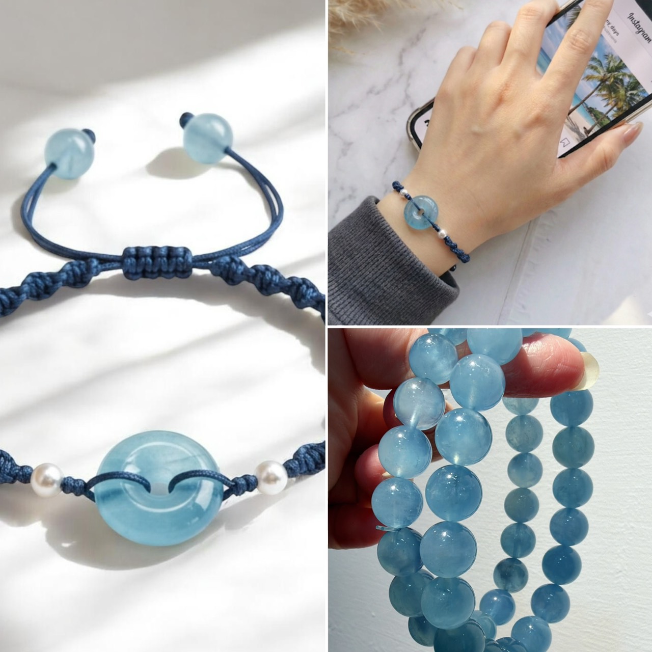 【赫本珠寶】S925銀珠鹽系海藍寶平安扣編織抽拉繩手鍊