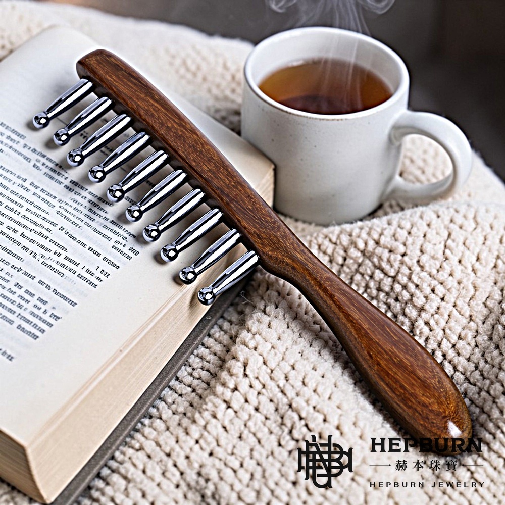 【赫本珠寶】量子x太赫茲護髮10齒檀木按摩梳｜能量共振｜釋放量子能量與太赫茲波