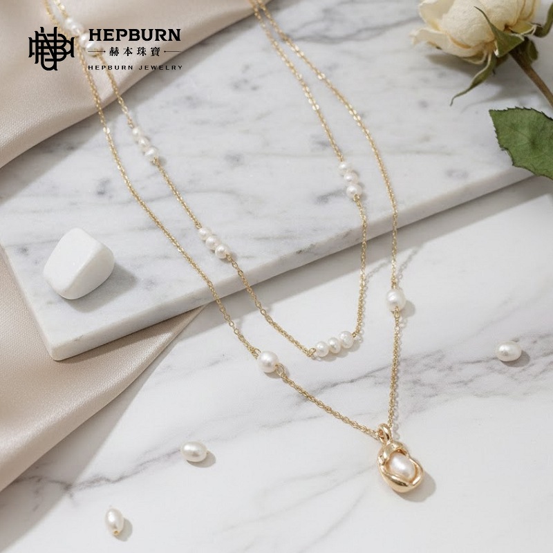 【赫本珠寶】淡水珍珠幾何橢圓疊戴項鍊