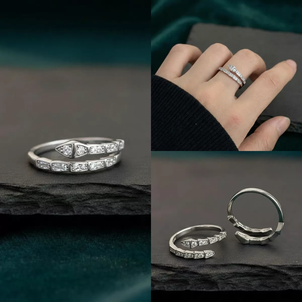 【赫本珠寶】S925純銀簡約蛇形鑲嵌活口戒指