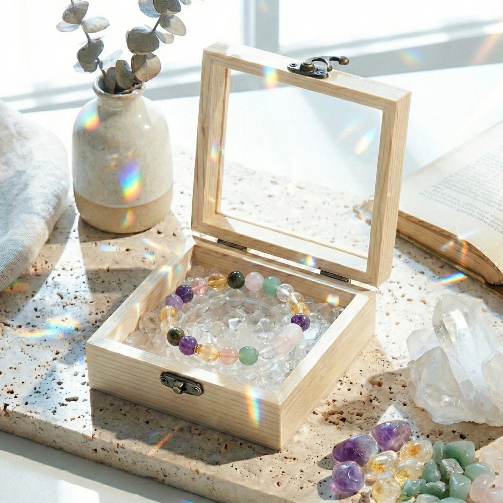 【赫本珠寶】- 晶養儲藏 · 水晶碎石消磁收納淨化玻璃蓋展示木盒