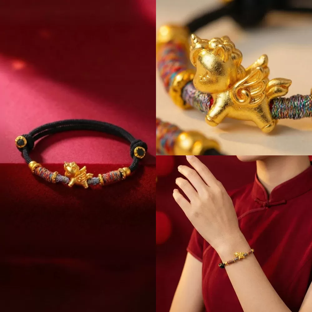 【赫本珠寶】999足銀招財金色天馬-黑色手繩