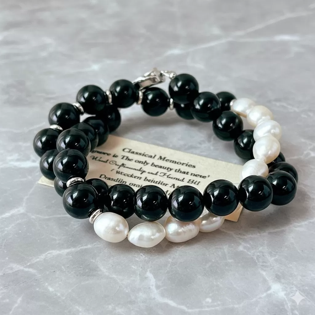 【赫本珠寶】夜光序曲 · 巴洛克淡水珍珠黑瑪瑙鎖骨鍊,法式高級感,現代設計款,能量防護,隨形珍珠,黑白穿搭