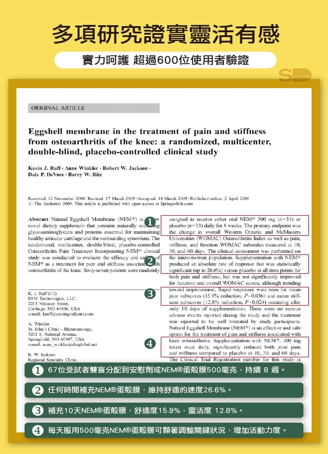 【SHINER】耐固膜®強化膠囊 (30顆/瓶),活力關節,玻尿酸,軟骨素,葡萄糖胺,舒緩關節
