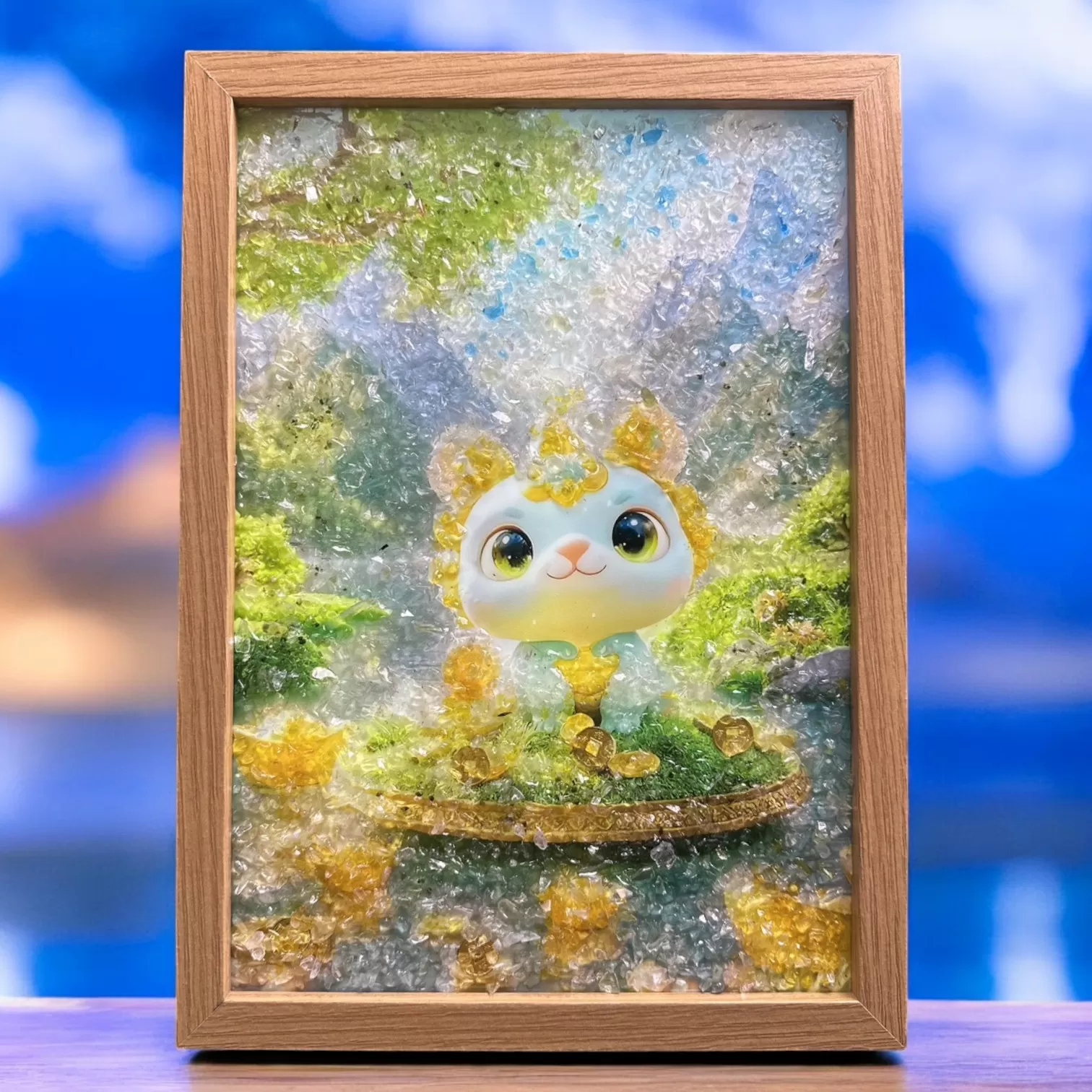 【赫本珠寶】福芽聚金・瑞貔貅水晶碎石畫框,能量藝術,辦公室招財,居家擺設,天然水晶,開運畫框