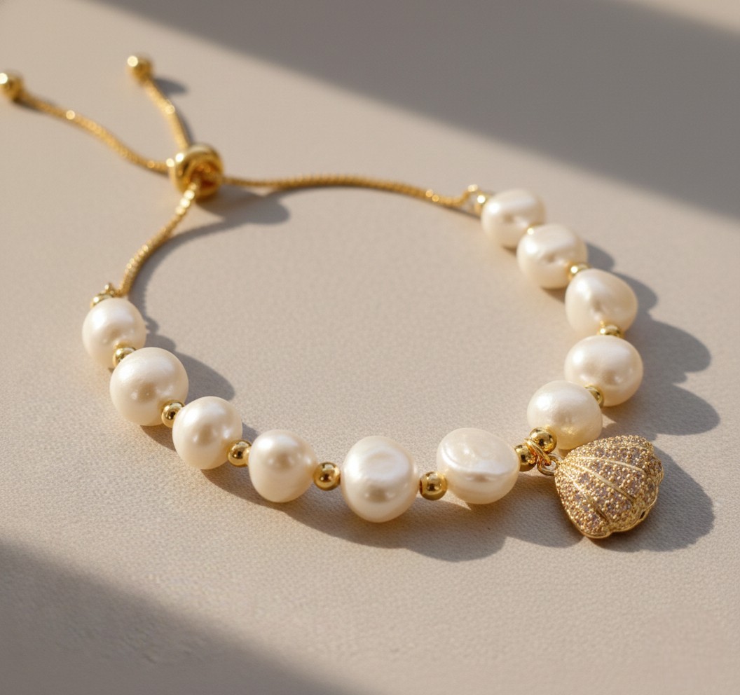 【赫本珠寶】淡水珍珠貝殼可調節手鍊,QueenDom,赫本珠寶,珍珠手鍊,貝殼飾品,可調節手鍊