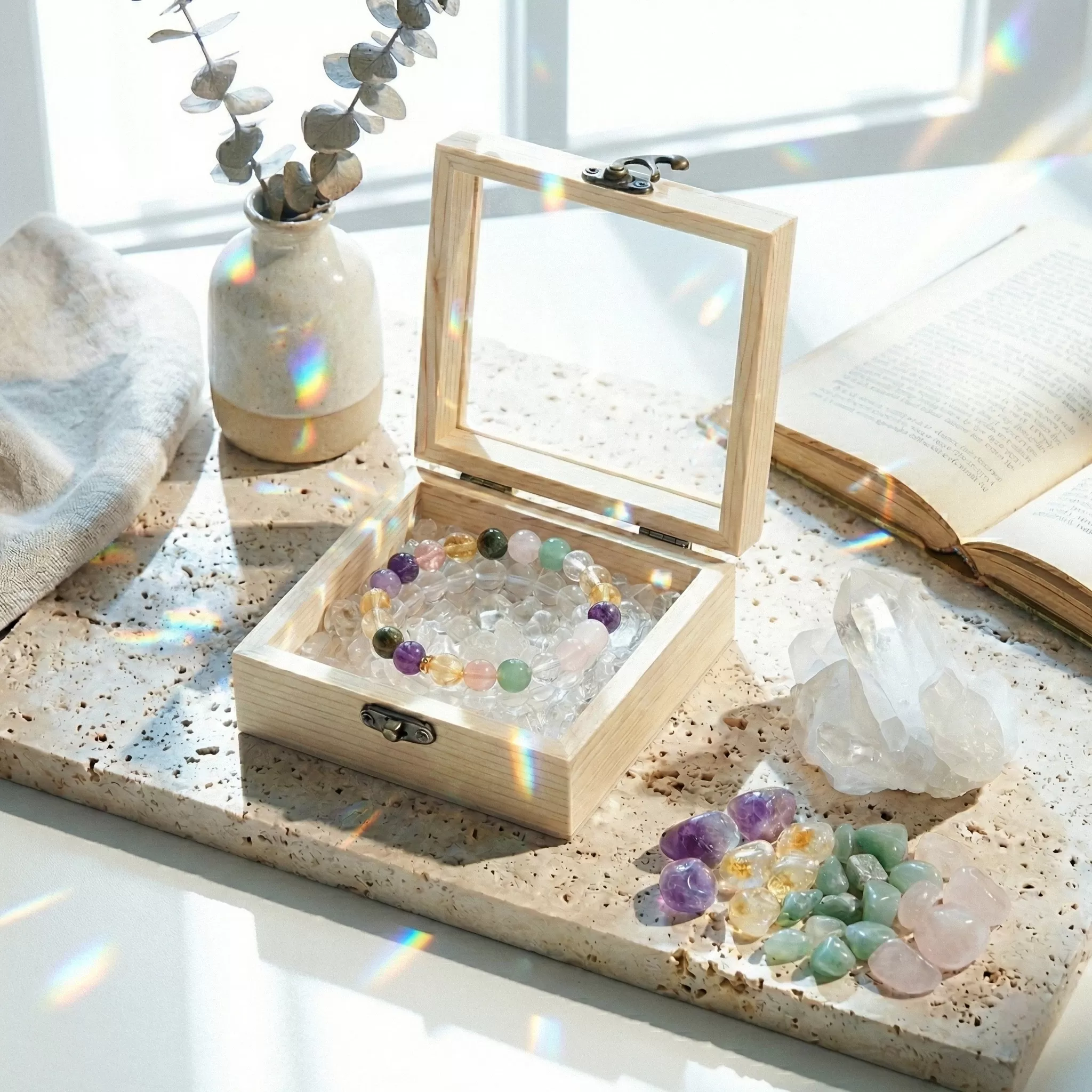【赫本珠寶】- 晶養儲藏 · 水晶碎石消磁收納淨化玻璃蓋展示木盒,水晶消磁盒,碎石收納,淨化木盒,水晶保養,玻璃展示盒