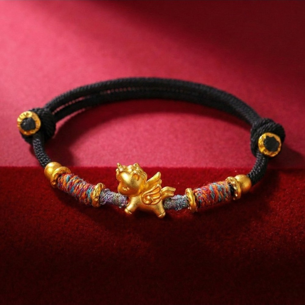 【赫本珠寶】999足銀招財金色天馬-黑色手繩,貴人運,抗敏銀飾,中性飾品,事業運,馬到成功