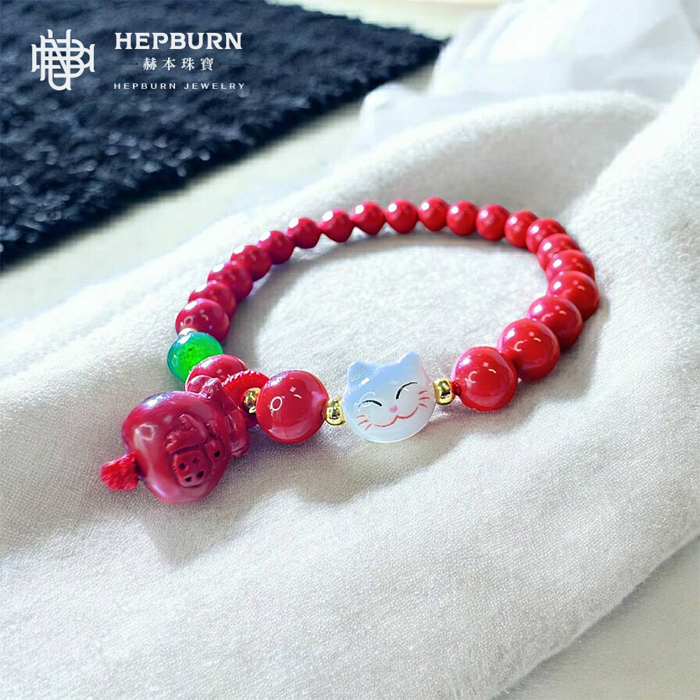 【赫本珠寶】帝王紅硃砂招財貓福袋手鍊(7mm),C014,【赫本珠寶】帝王紅硃砂招財貓福袋手鍊(7mm),帝王紅硃砂,設計感手鍊,點位約7mm
