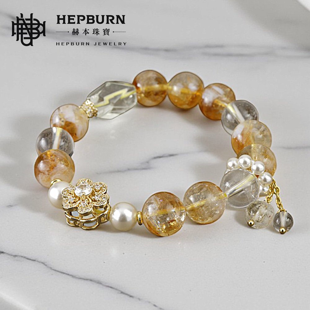 【赫本珠寶】設計款-金轉花奶蓋黃塔晶手鍊(11mm),設計款手鍊,11mm飾品,金轉花設計,奶蓋色珠,黃塔晶手鍊