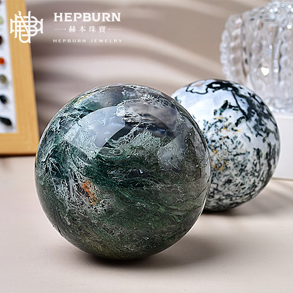 【赫本珠寶】水草瑪瑙水晶球(約58~62mm),收藏擺件,能量水晶,財運聚斂,生機盎然,心靈療癒