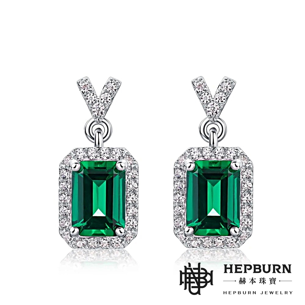 【赫本珠寶】贊比亞窗形培育祖母綠耳環S925銀(主石5X7mm),百搭耳飾,送禮推薦,優雅飾品,綠寶石耳環,復古耳環