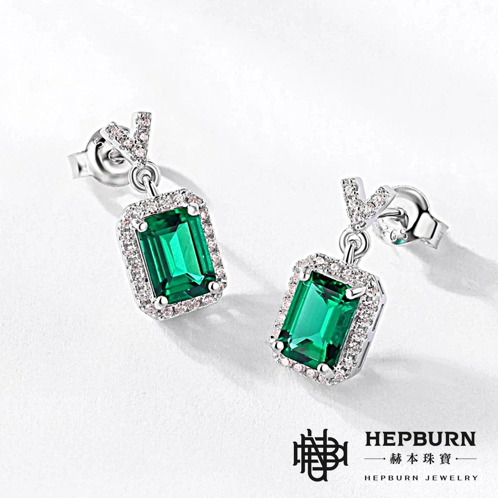 【赫本珠寶】贊比亞窗形培育祖母綠耳環S925銀(主石5X7mm),百搭耳飾,送禮推薦,優雅飾品,綠寶石耳環,復古耳環