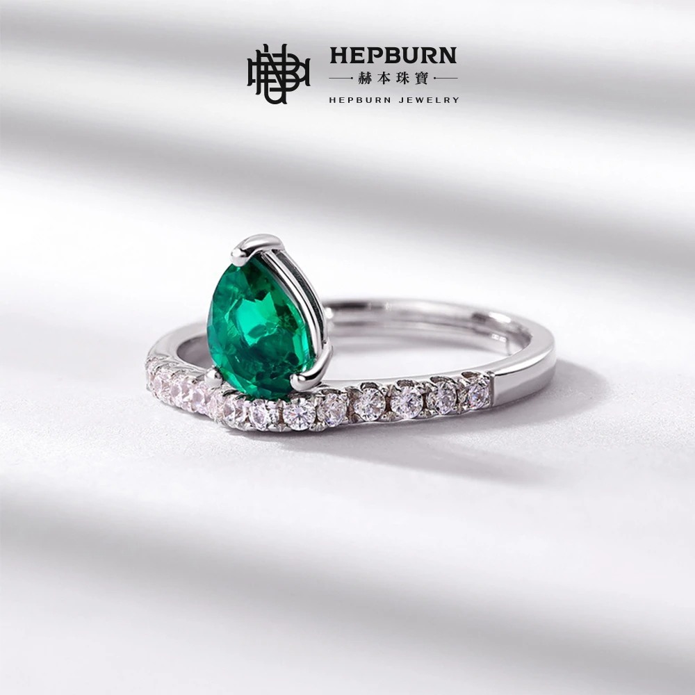 【赫本珠寶】水滴微鑲靈動培育祖母綠戒指S925銀(0.68克拉),經典設計,時尚百搭,氣質珠寶,璀璨飾品,靈動戒指