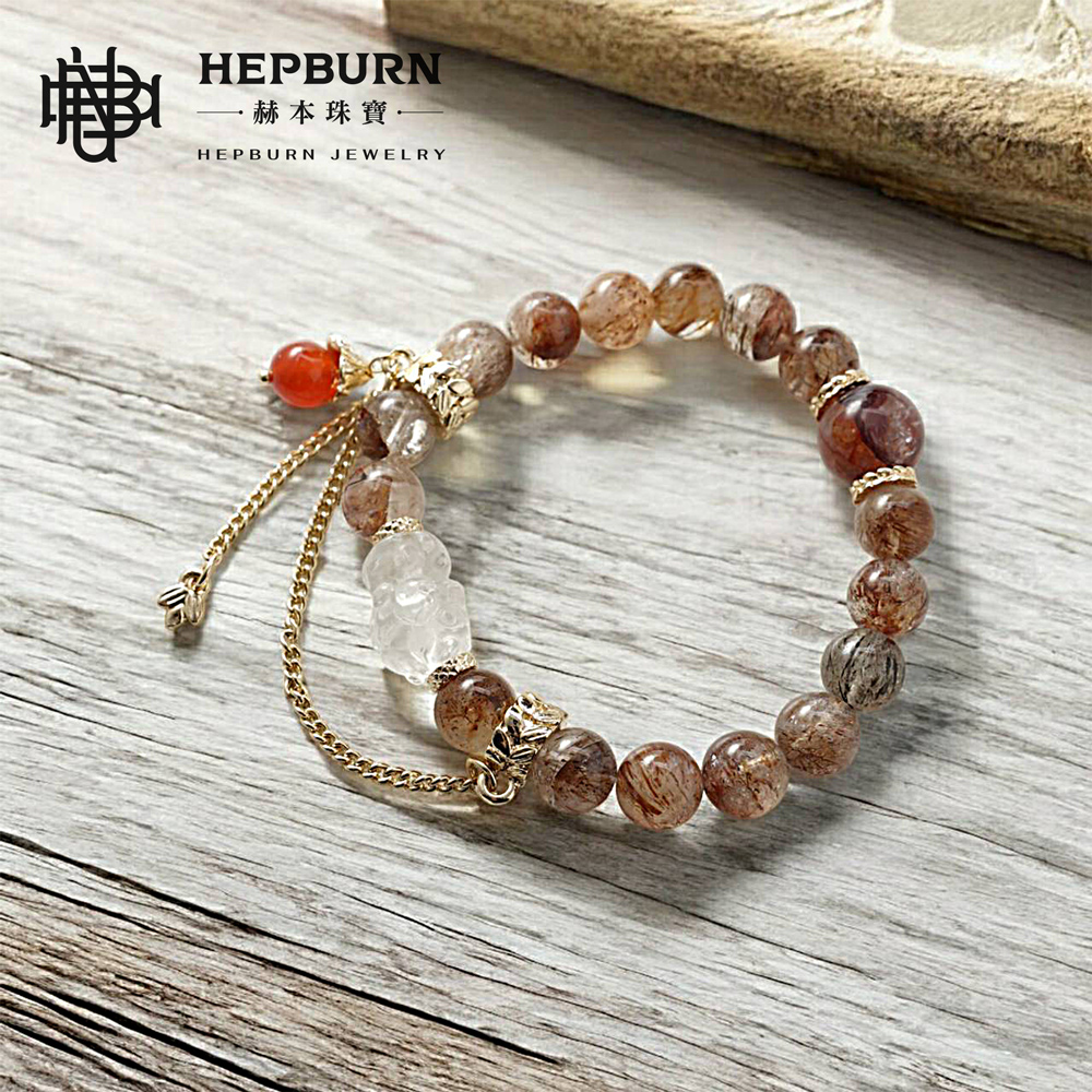 【赫本珠寶】設計款-黃財神黑金超紅膠花水晶手鍊(9mm),聚財飾品,事業守護,開運飾品,能量手鍊,避邪守護