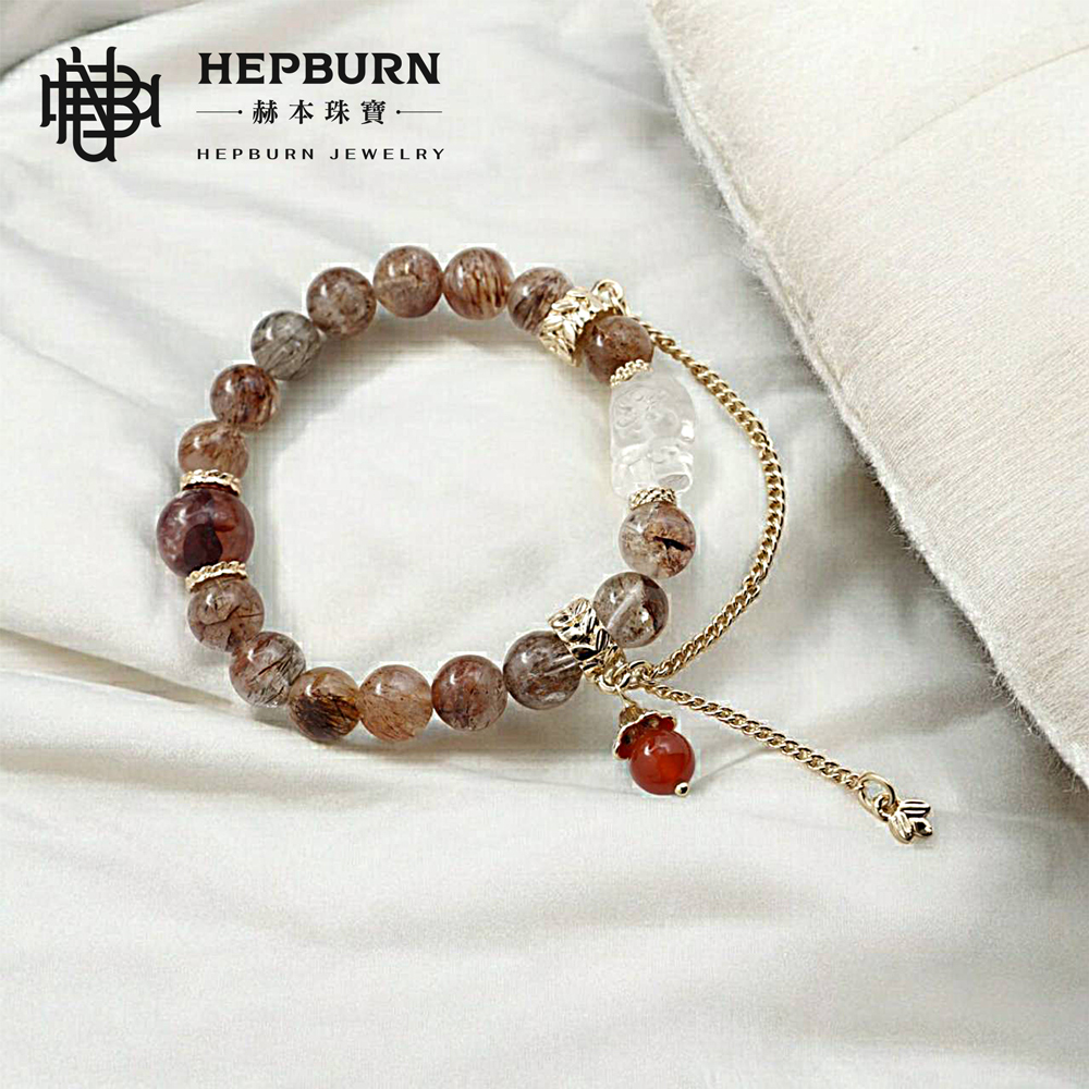 【赫本珠寶】設計款-黃財神黑金超紅膠花水晶手鍊(9mm),聚財飾品,事業守護,開運飾品,能量手鍊,避邪守護