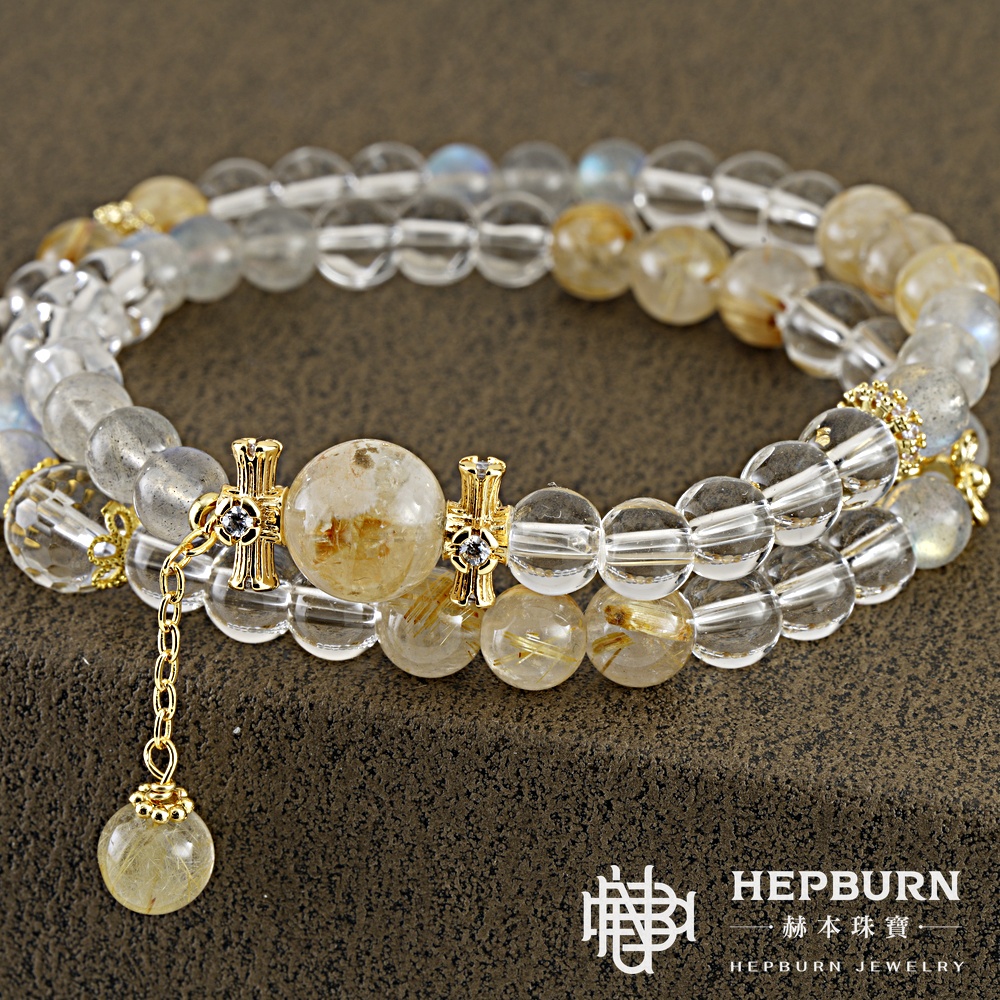 【赫本珠寶】設計款-金梅花灰月光黃髮晶白水晶雙圈手鍊,手工飾品,天然水晶,淨化能量,情緒穩定,招財開運