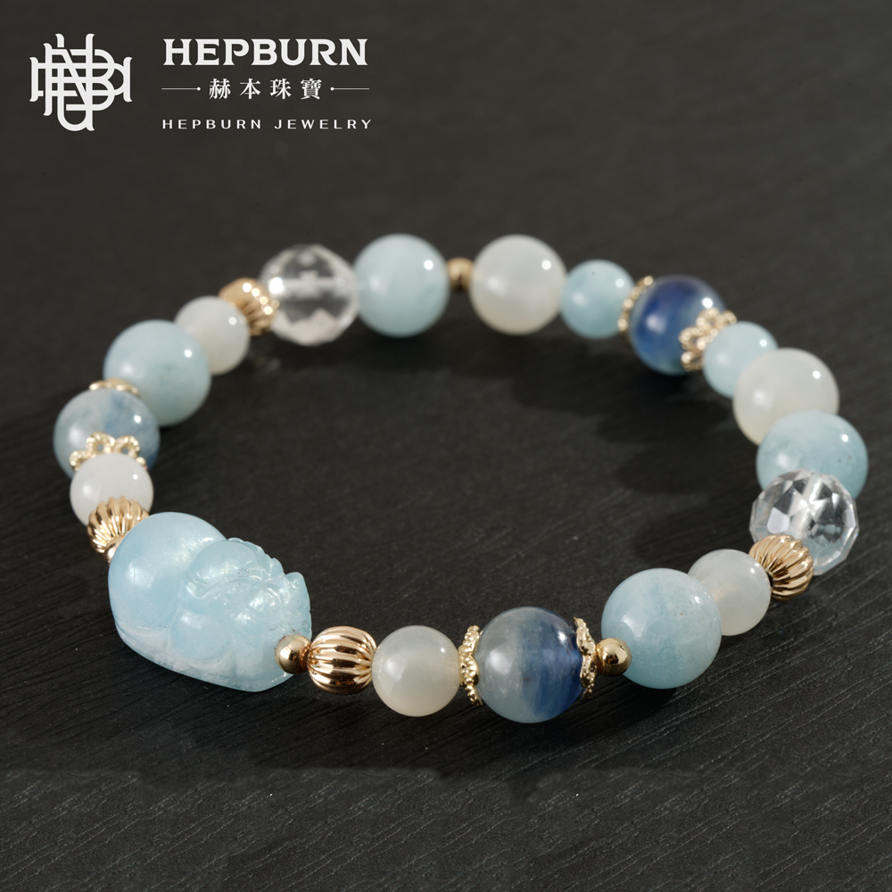 【赫本珠寶】設計款-潛福獸貔貅海藍寶白水晶手鍊,守護手鍊,職場開運,靈性飾品,淨化能量,情緒平衡