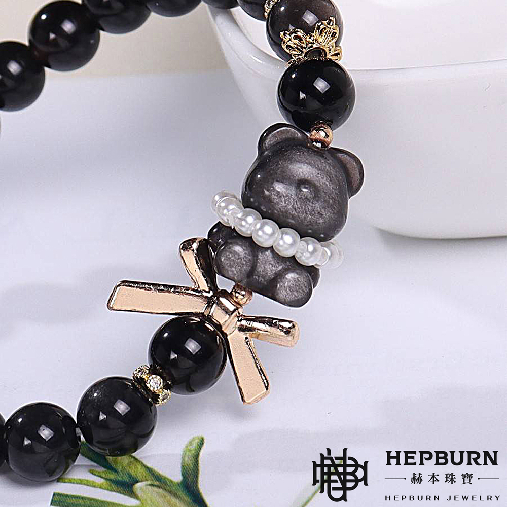 【赫本珠寶】設計款-銀曜石熊熊蝴蝶結手鍊,時尚手鏈,可愛造型,水晶手鍊,靈性防護,招財守護