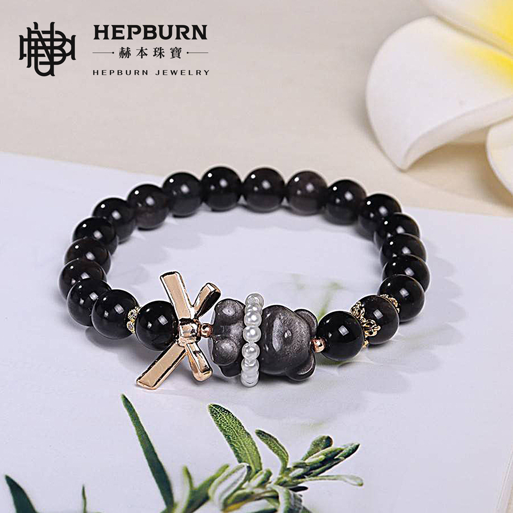 【赫本珠寶】設計款-銀曜石熊熊蝴蝶結手鍊,時尚手鏈,可愛造型,水晶手鍊,靈性防護,招財守護