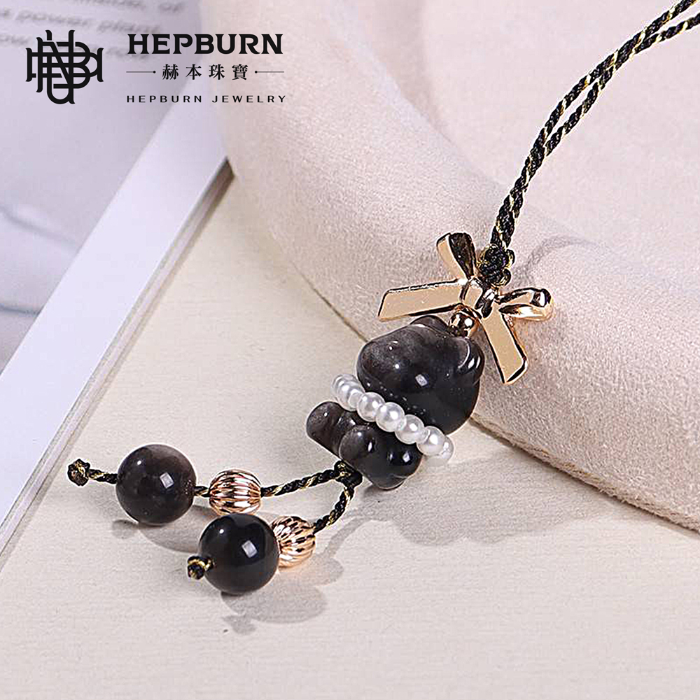 【赫本珠寶】設計款-銀曜石熊熊蝴蝶結手機吊飾,療癒能量,時尚吊飾,靈性飾品,可愛手機配件,招財防護