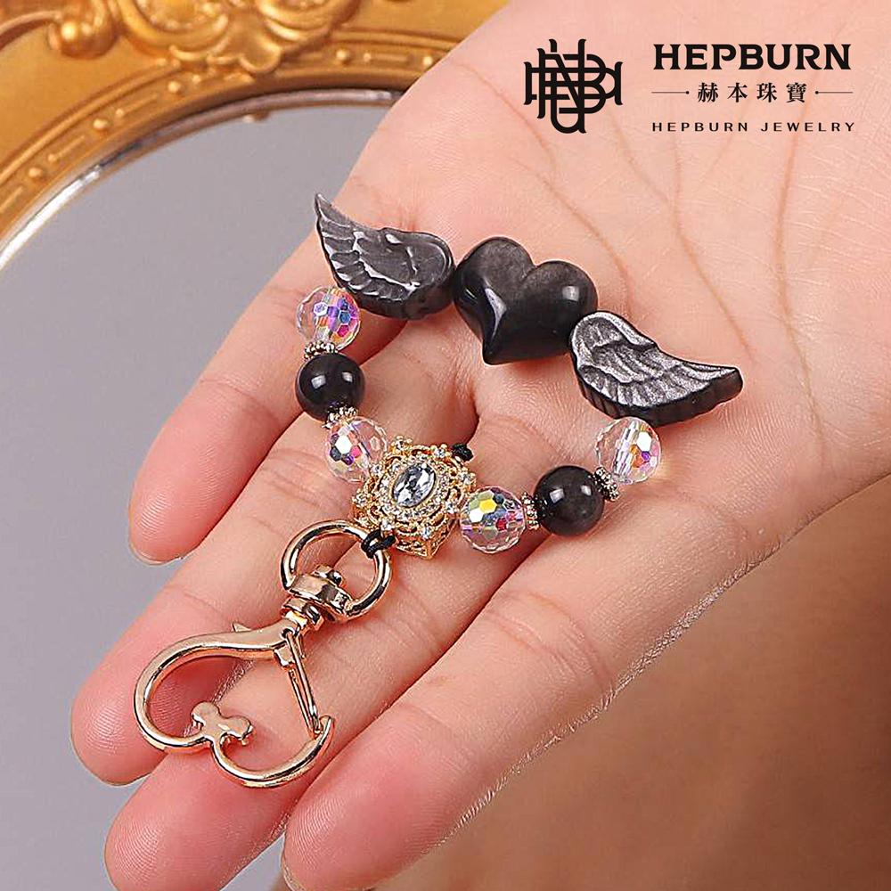 【赫本珠寶】設計款-銀曜石愛心翅膀手機吊飾,質感飾品,隨身開運,能量平衡,天使守護,愛心翅膀